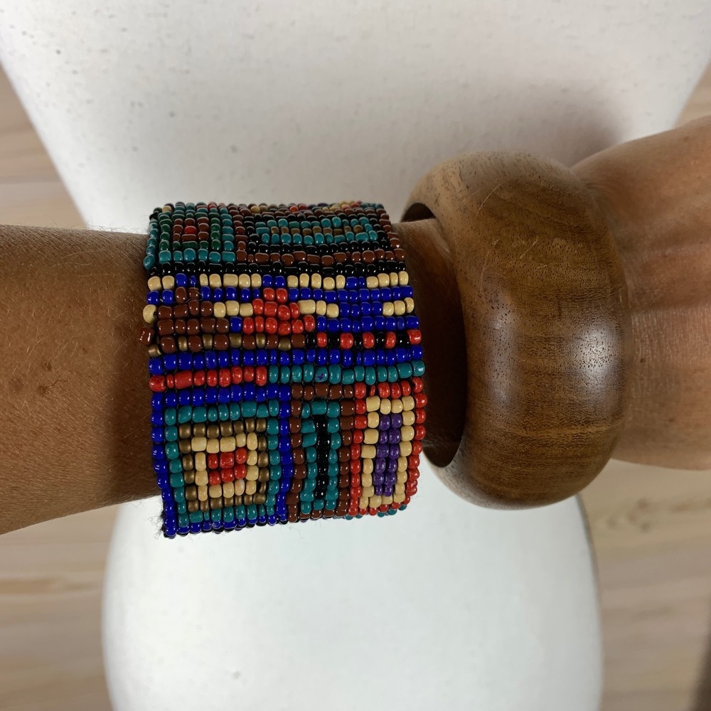 Boho Bracelet Lot Women OS Tribal Beaded Cuff Wood Bangle 2pc